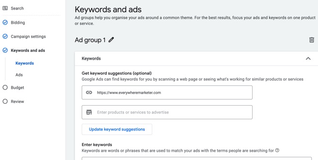 Add keywords and ads to your ad group