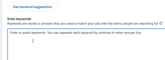 Enter the keywords for your Google ad group into the box provided