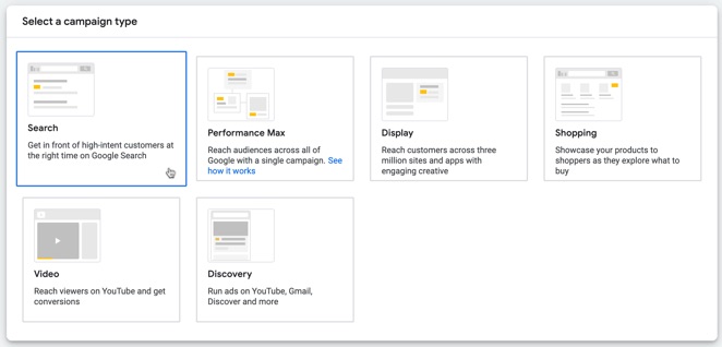 Select a campaign type for your Google Ads campaign