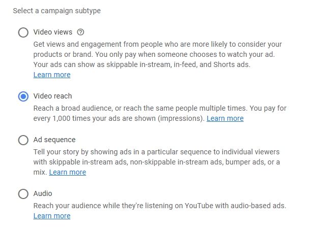 Campaign subtype for YouTube ads