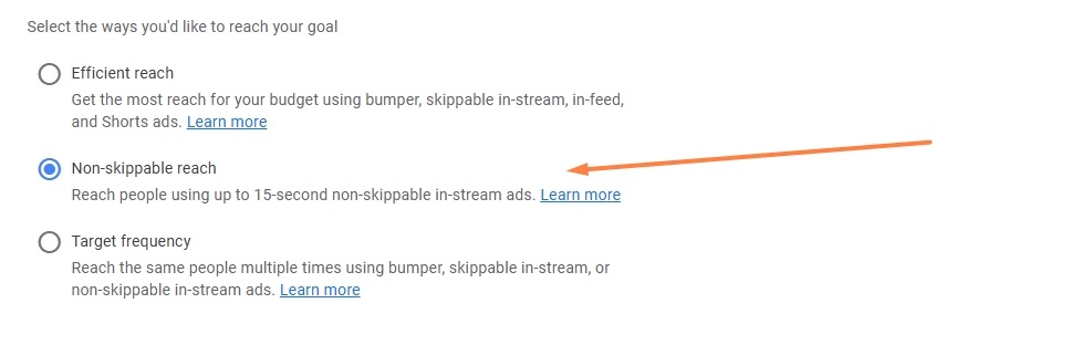 Selecting non-skippable for YouTube ads