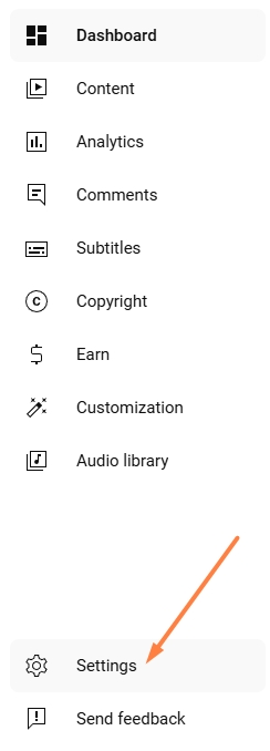 Click Settings via YouTube Studio navigation