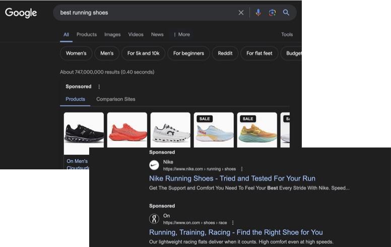 Example Google Paid Search Ads showing on Google for the keyword ‘best running shoes’