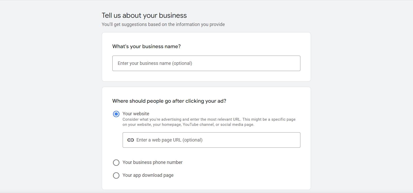 Enter your business name and other info into Google Ads