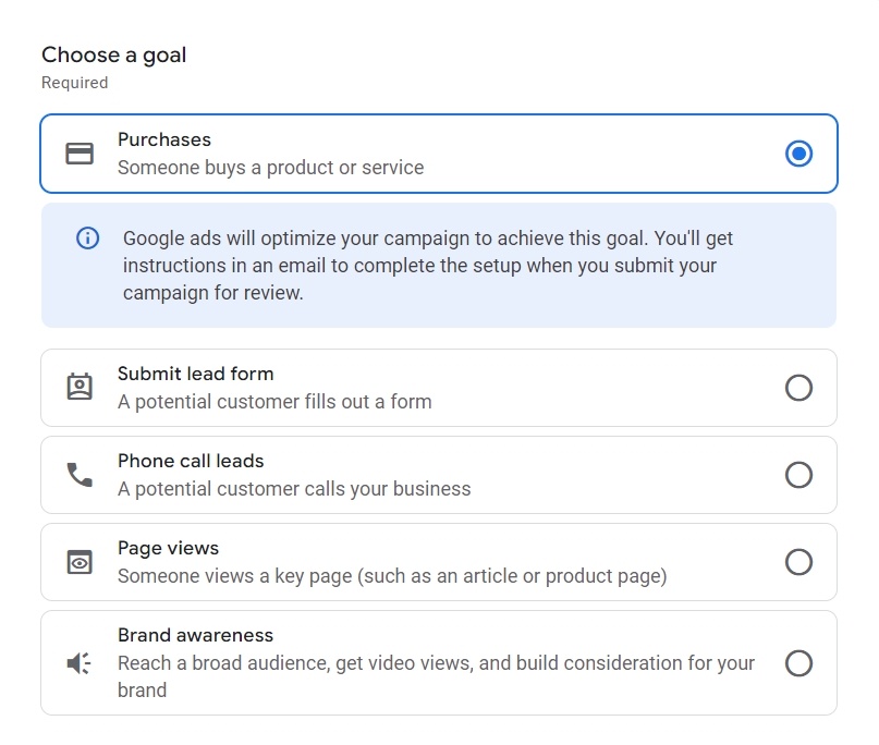 Purchases is one example of a goal for Google Paid ads