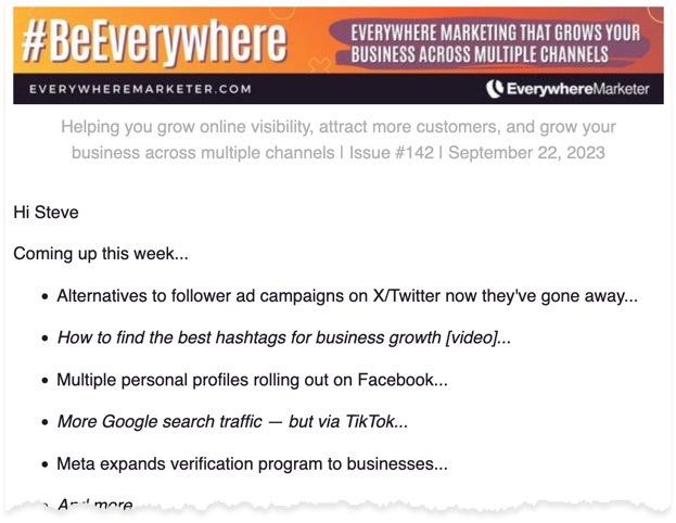 An example copy of one of EverywhereMarketer’s regularly emailed newsletters