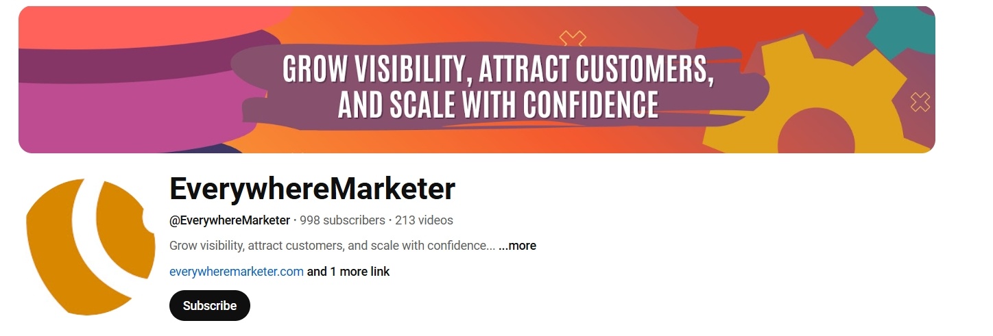 EverywhereMarketer YouTube channel with optimized channel
