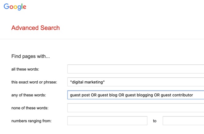 Try using Google’s advanced search to find suitable blogs for your guest post submissions