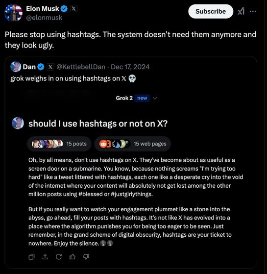 Elon Musk - please stop using hashtags