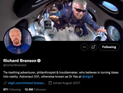 Richard Branson posts frequently on Twitter