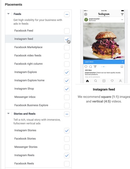 Choose the specific areas of Instagram you want your ads to display