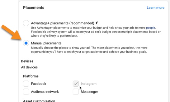 Select the Manual placements option on Instagram