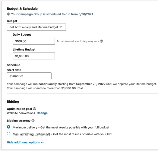 Set the budget and schedule for your ads on LinkedIn