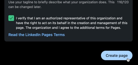 Click the Create page button at the bottom to create your LinkedIn Page