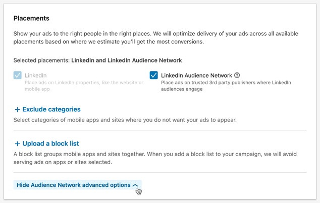 Select the placement for your paid ad on LinkedIn