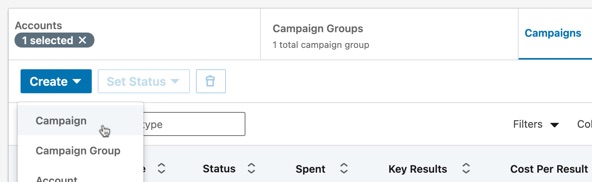 Click to create a new LinkedIn ad campaign