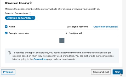 After creating your conversion, click Next to continue creating your paid ad on LinkedIn