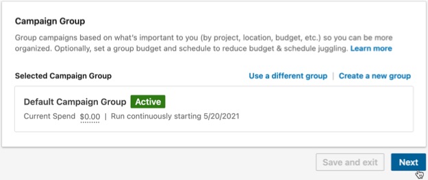 Select a campaign group, and click Next