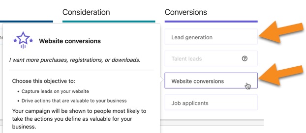 Select the lead generation or website conversions option