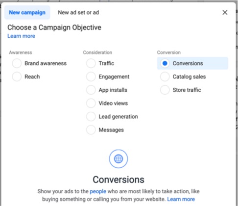 Pick a campaign objective, such as conversions