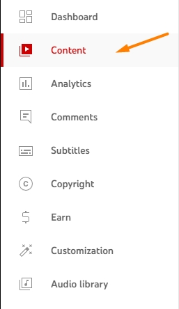 The content menu on YouTube studio