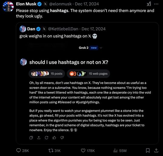 Stop using hashtags on X - Elon Musk