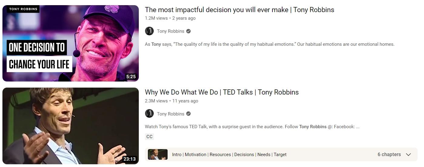 Tony Robbins connects with his audience emotionally, helping to market his YouTube channel online