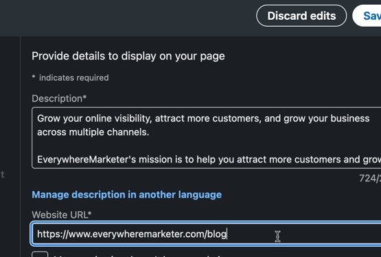 Add a description and link to your blog on your LinkedIn company Page