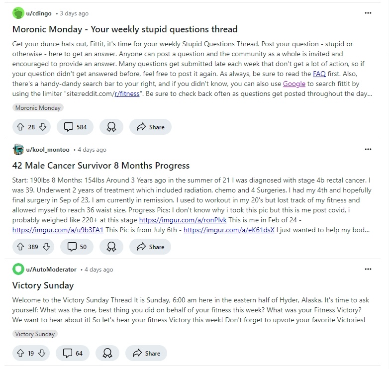 Subreddit fitness discussion on Reddit website
