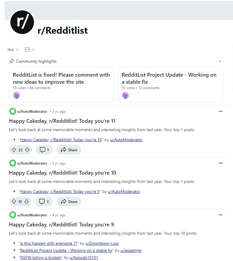 Subreddit redditlist on Reddit website