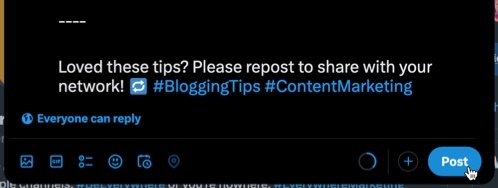 Include something like the following at the end of your posts to encourage reposts, "Loved these tips? Please repost to share with your network! 🔁 #BloggingTips #ContentMarketing."