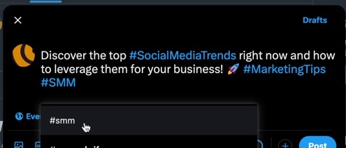 Discover the top #SocialMediaTrends right now and how to leverage them for your business! #MarketingTips #SMM — like in this example, use hashtags strategically to help promote your blog on X