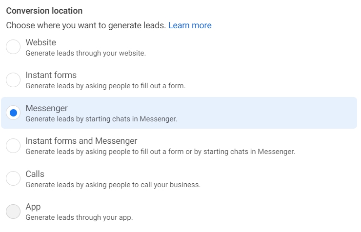 Conversion location for Facebook Ads where your audience will see your ads
