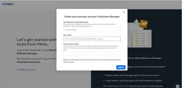 Enter business details before using Facebook ads in Meta
