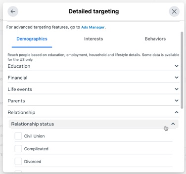 Detailed targeting options available from Meta Business Suite