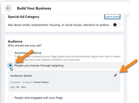 Select ‘People you choose through targeting’ and then click edit