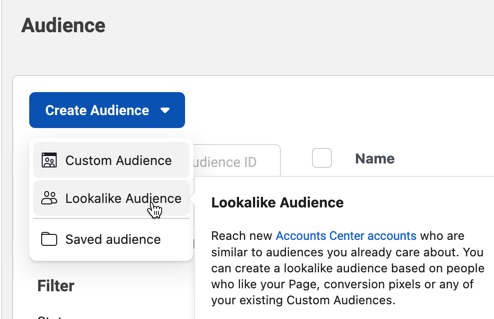Click to create a Lookalike Audience from within Facebook Ads (Meta’s Ad Manager)
