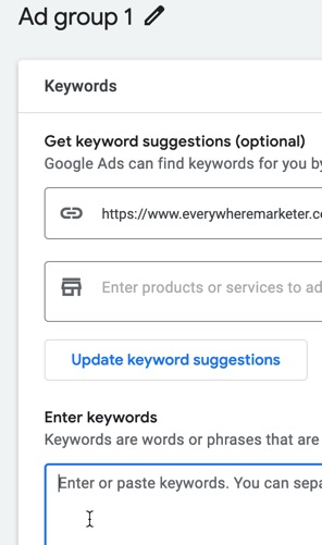 Enter in the keywords you want to target for your Google PPC campaign