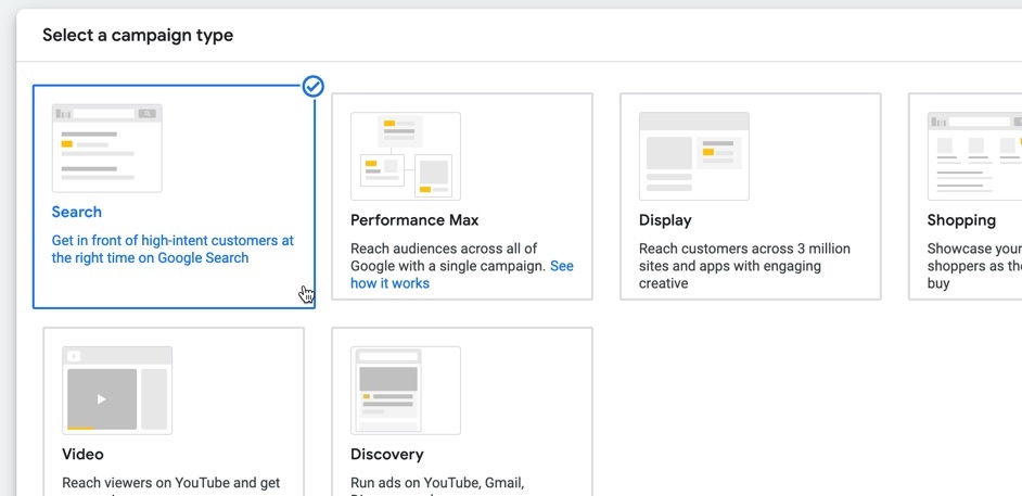 Select the Search campaign type in Google Ads