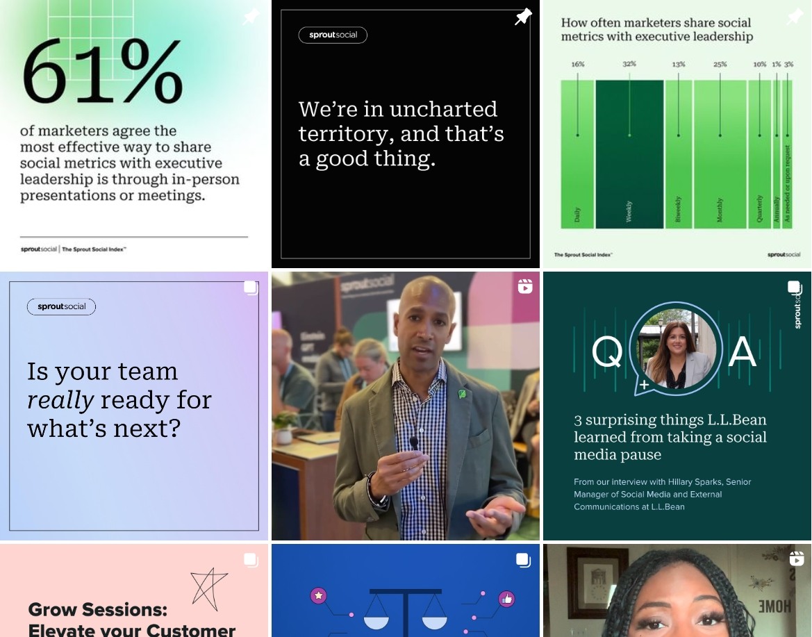 Sprout Social feed sample containing a mixture of photos and videos—use as inspiration for curating your own Instagram content schedule