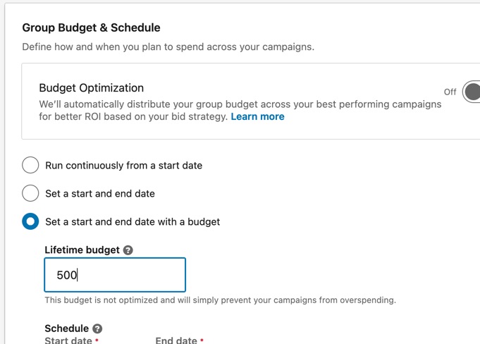Set the group budget and schedule for your lead gen form campaign