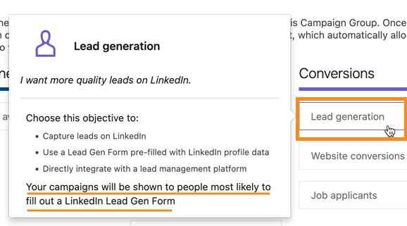 Lead generation option for choosing your objective in ads