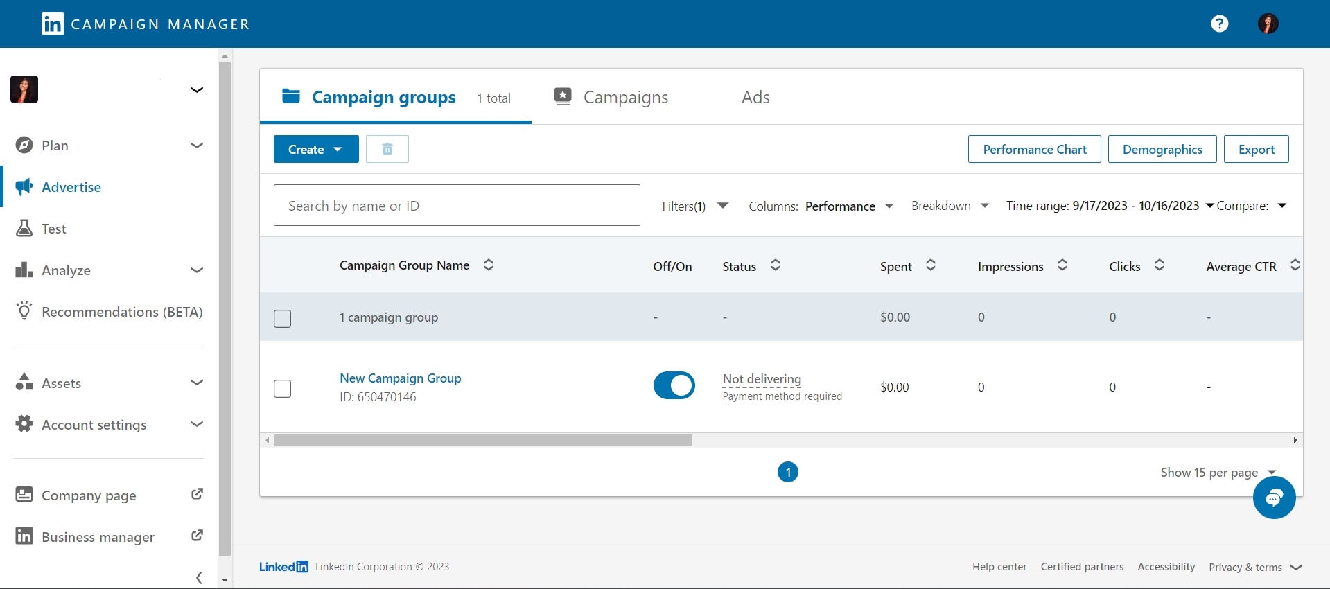 LinkedIn campaign manager overview for Lead Generation