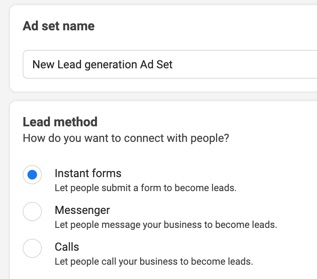 Select Instant forms as the lead method for your ad