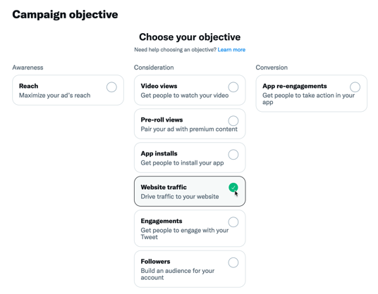 For lead generation, set the campaign objective in Twitter ads to Website traffic