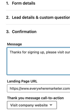Add a URL for new leads to visit after signing up via LinkedIn ads