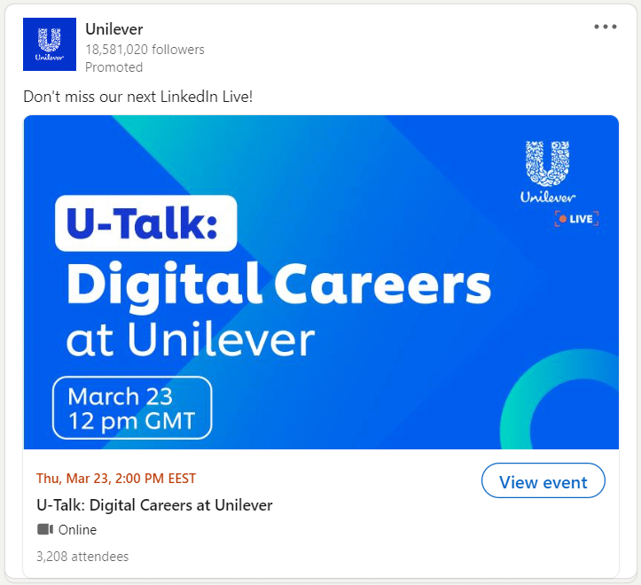 An example of event ads posted on LinkedIn for ad targeting by Unilever