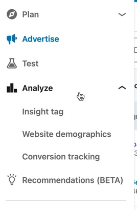 The Analyze tab within LinkedIn's analytics tool, showing metrics for your business