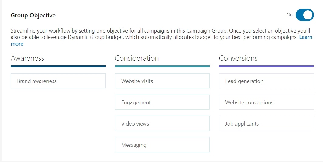 Select a suitable group objective for your LinkedIn Carousel Ads campaign