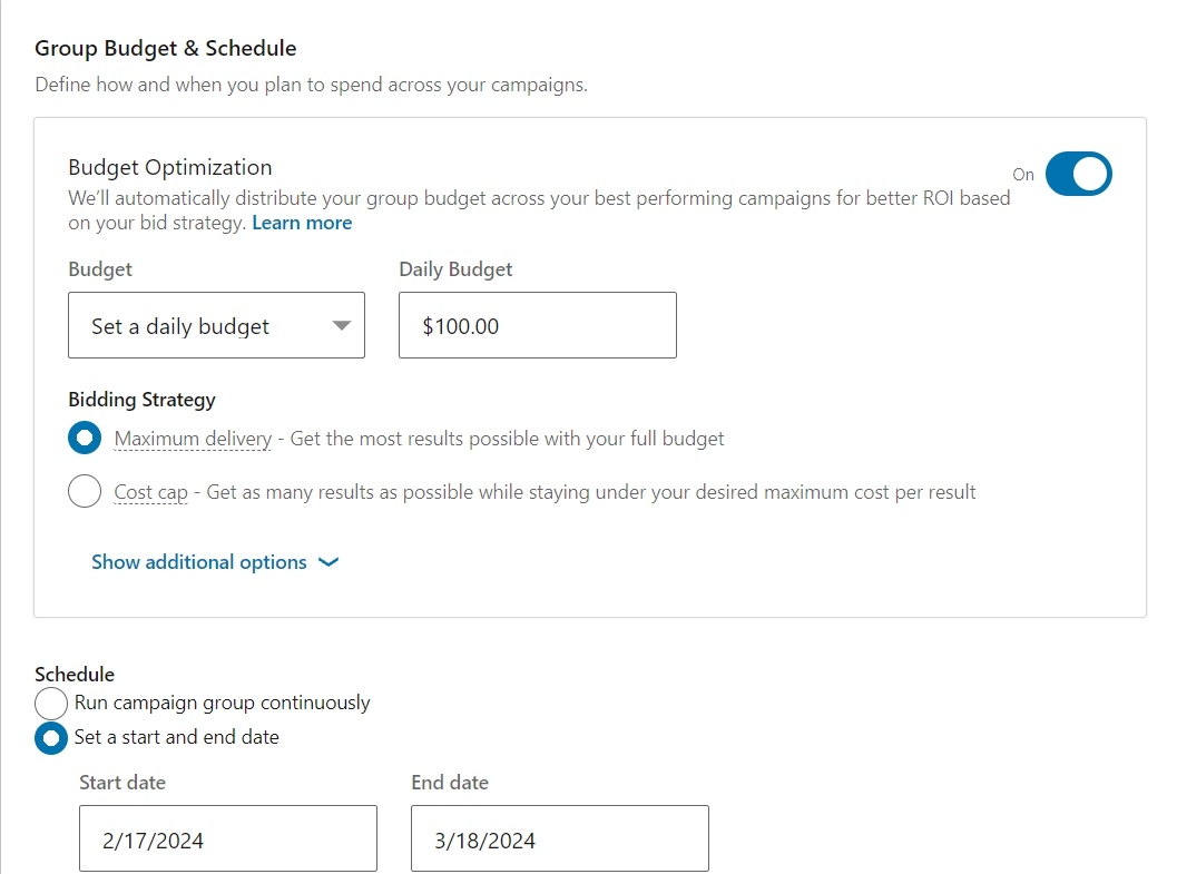 Set your schedule and budget for the LinkedIn Carousel Ads campaign